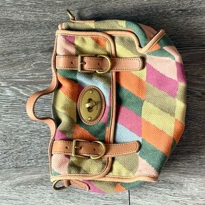 Fossil Multicolor Diamond Canvas Shoulder Bag - Pink, Orange, Green, Yellow, Tan